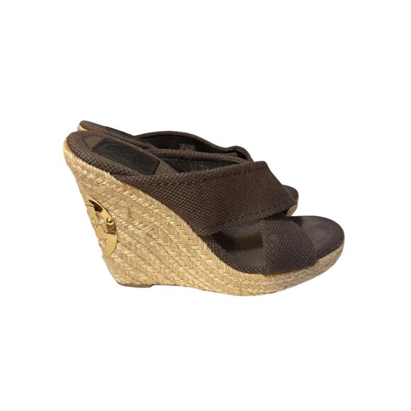 Tory Burch 6 Brown Canvas Cross Strap Espadrille Wedge Sandals Made In Brazil - Picture 5 of 8